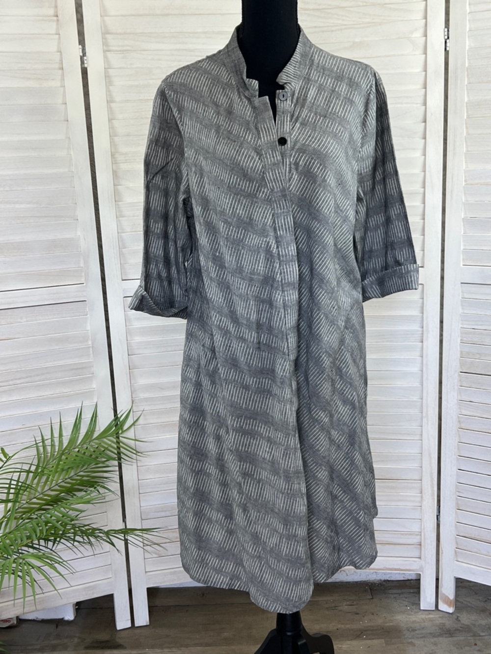 Zuri Mandarin Collar A-Line Linen Shirt Dress Large